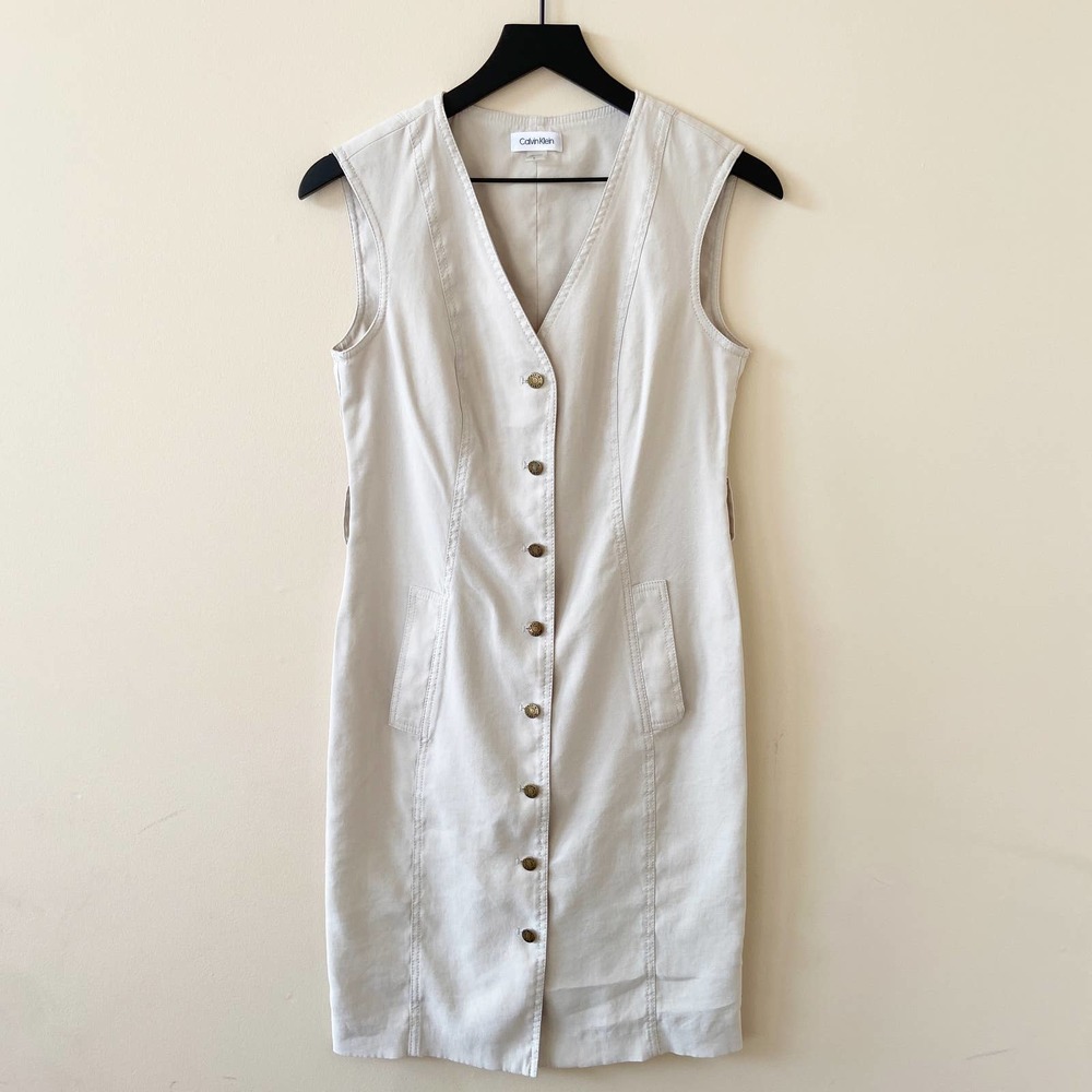 Calvin Klein 90s Dress Button Front Pencil Sheath Sleeveless Women's 6 Cream